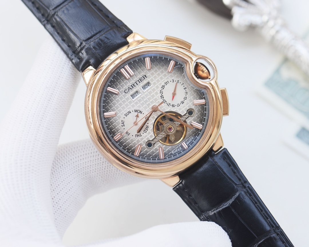 Cartier Rose Gold Black Silver Dial Leather Strap Watch