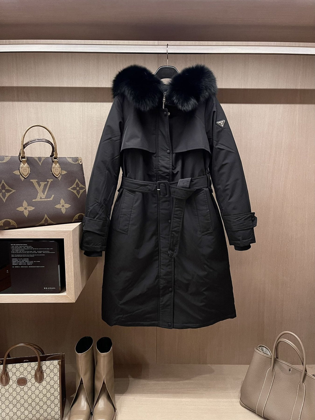 Prada Fur-Trim Hood Belted Long Down Jacket