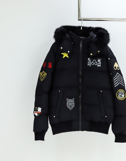 Moose Knuckles Black Fur-Trim Hooded Puffer Jacket