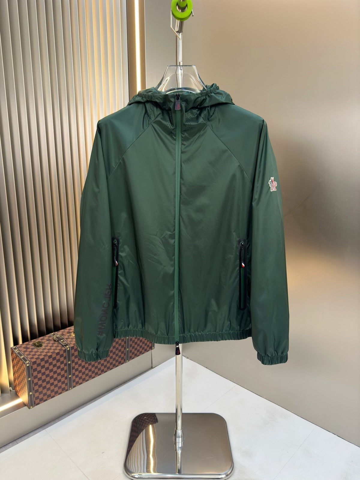 Moncler Hooded Zip-Front Jacket with Chest Emblem