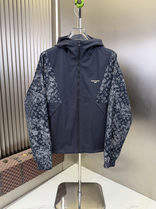 LV Navy Blue Hooded Zip Jacket with Patterned Panels