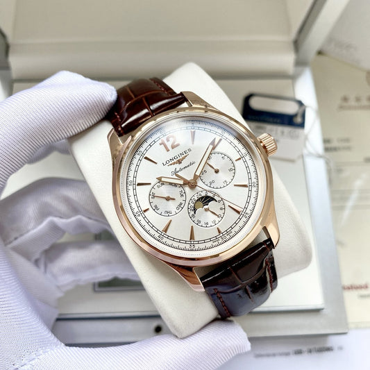 Longines Rose Gold Brown White Dial Leather Strap Watch