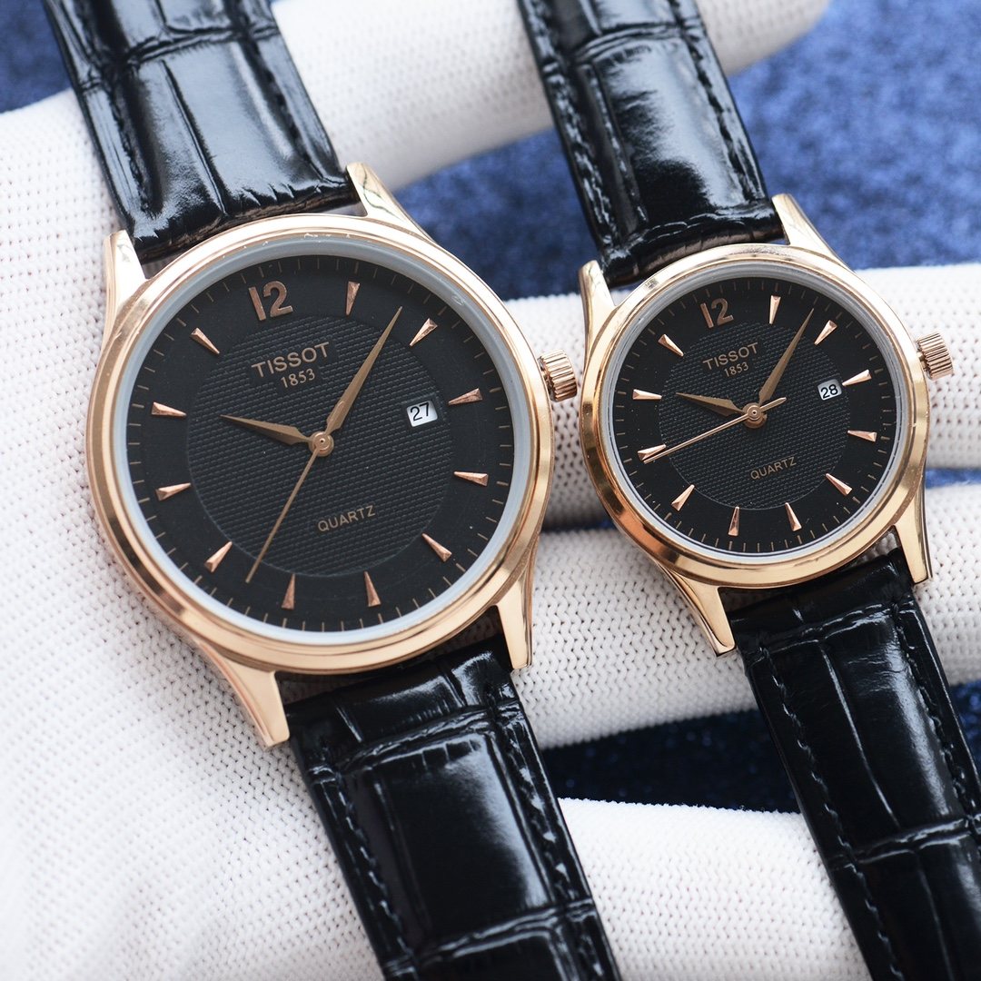 Tissot Rose Gold Black Dial Strap Couple Watch Set