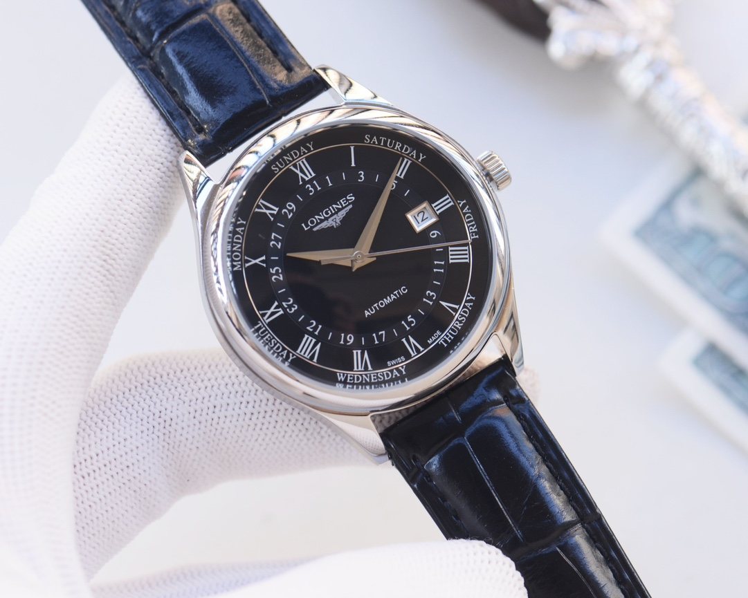 Longines Silver Blue Black Dial Strap Watch