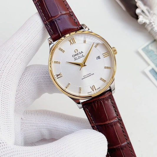 OMEGA White Dial Burgundy Strap Watch