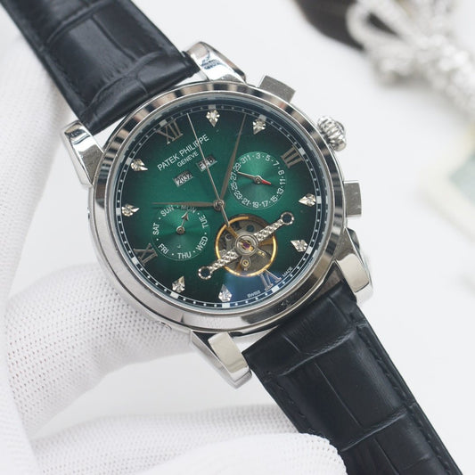 PATEK PHILIPPE Silver Black Green Dial Leather Strap Watch